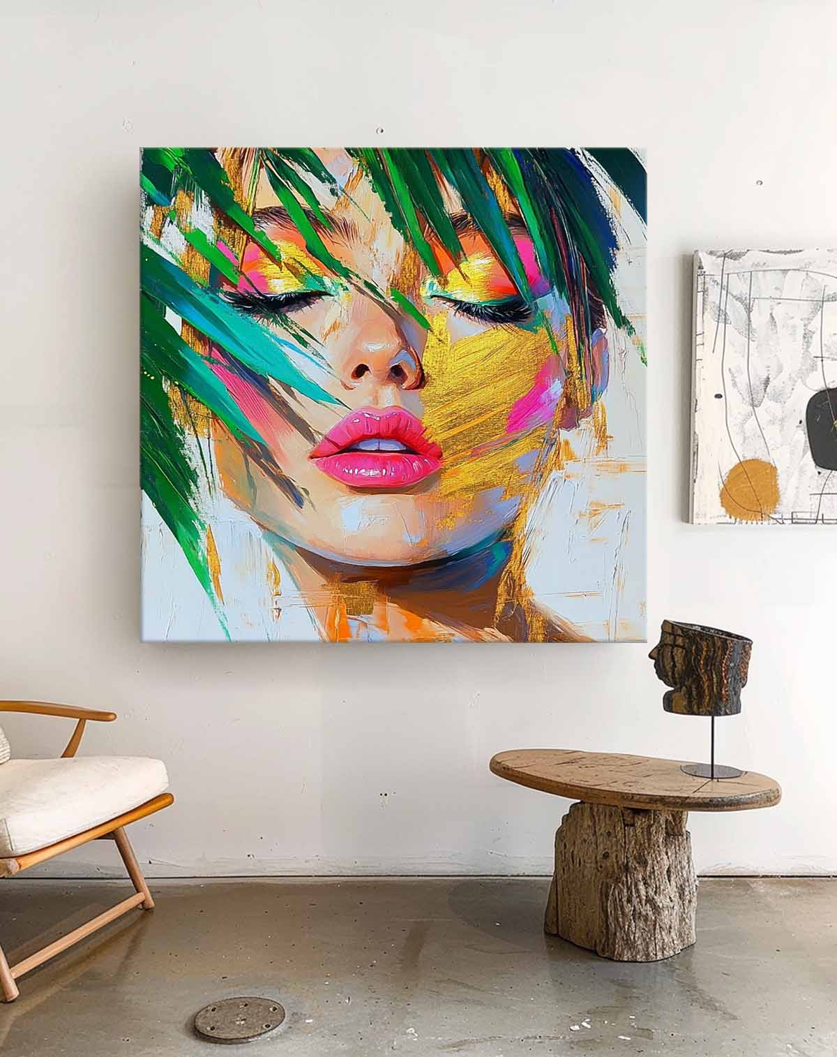 Serene Tropical Woman Portrait Gold Leaf Oil Painting