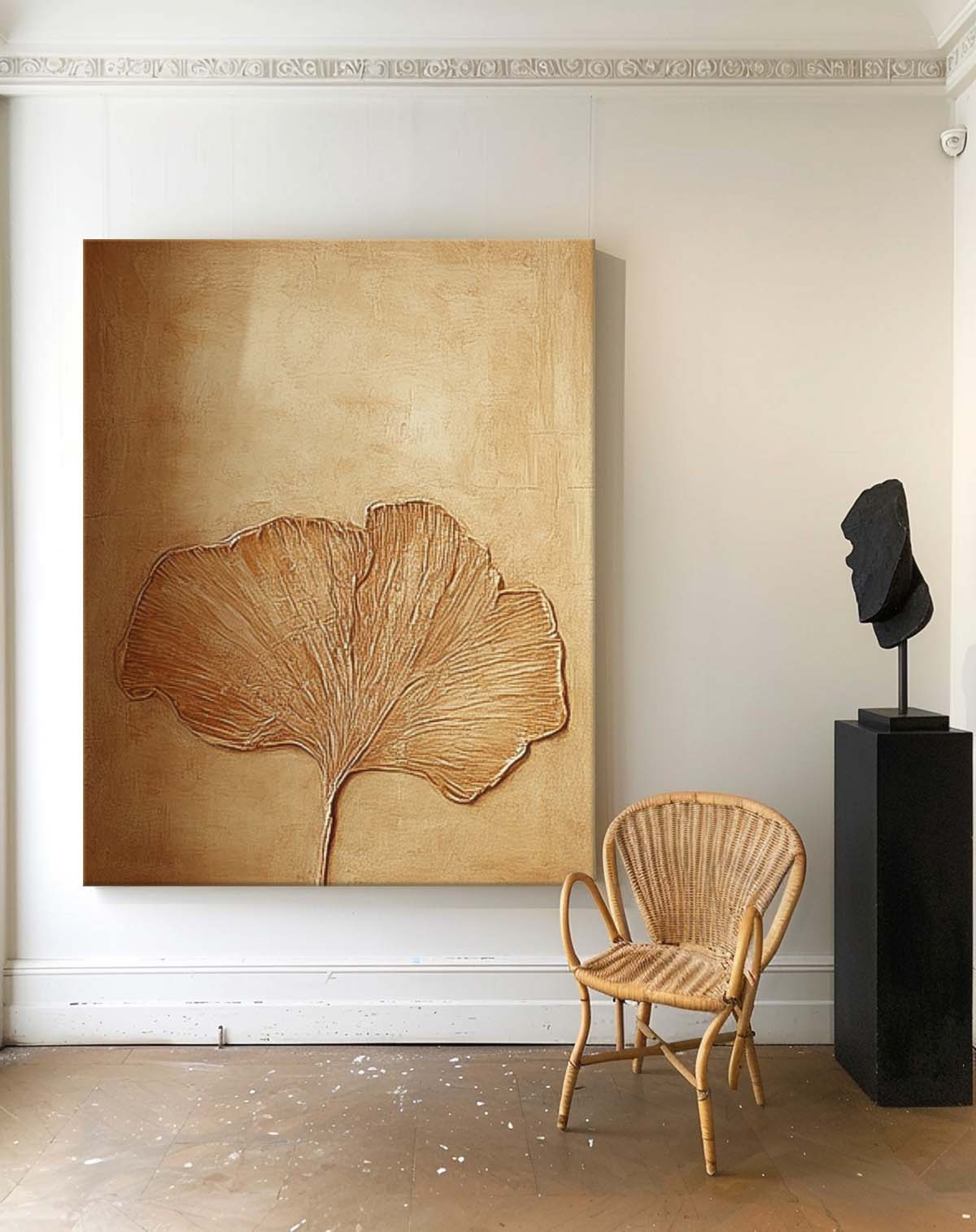 Textured Neutral Ginkgo Leaf Painting Serene