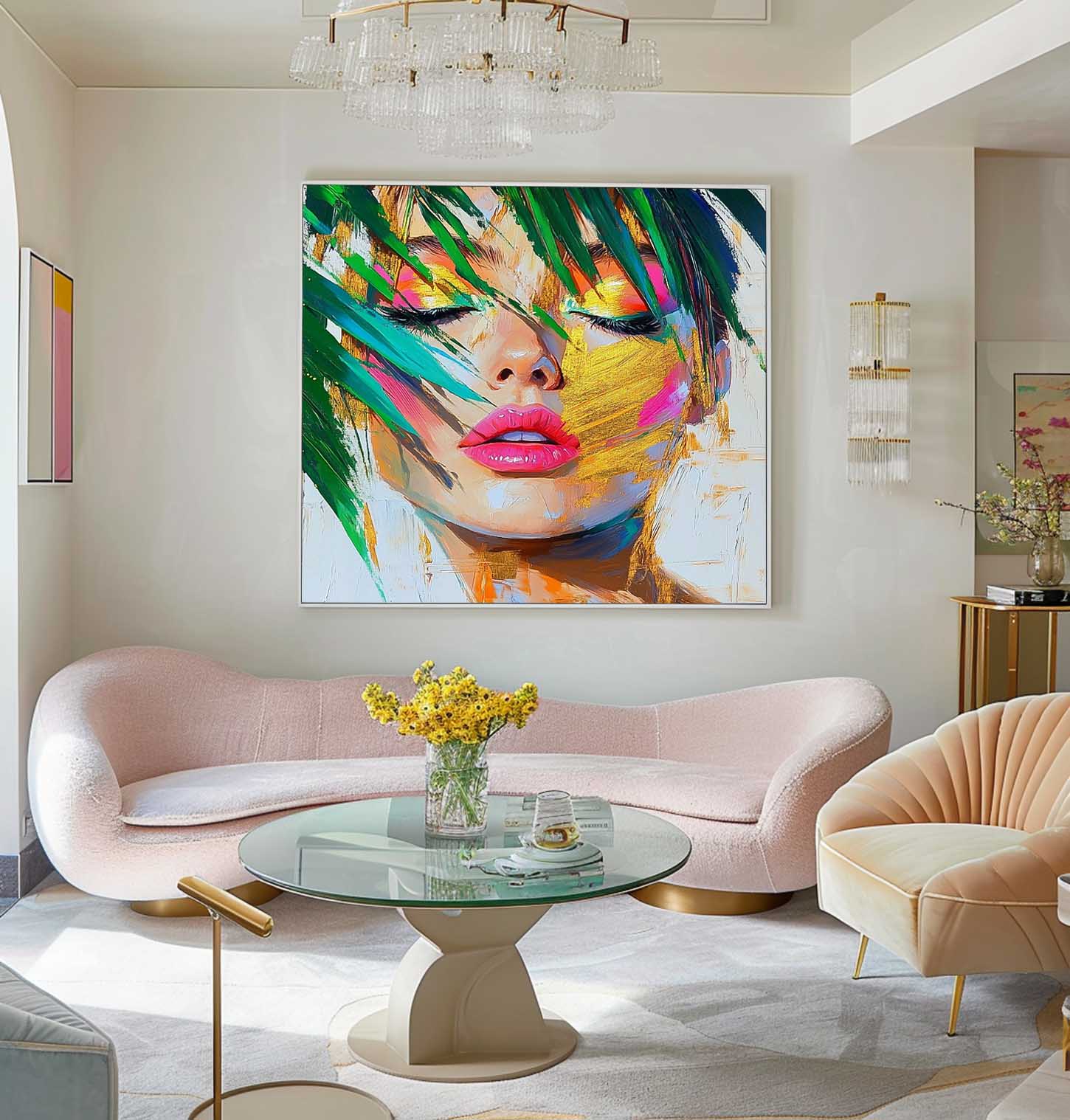 Serene Tropical Woman Portrait Gold Leaf Oil Painting