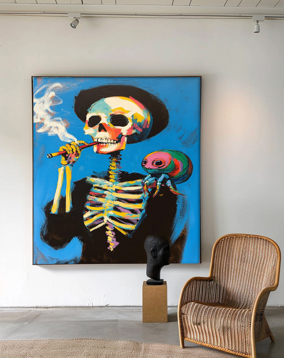 Surreal Pop Art Skeleton Painting Vibrant Wall Art