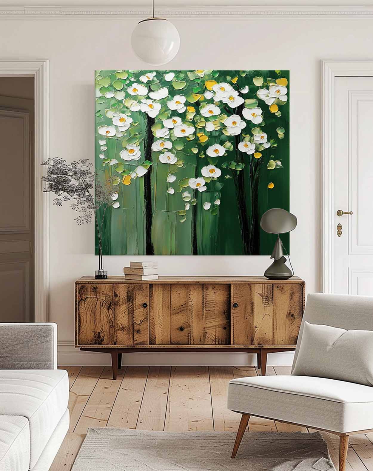 Textured Floral Tree Oil Painting White Flowers Green