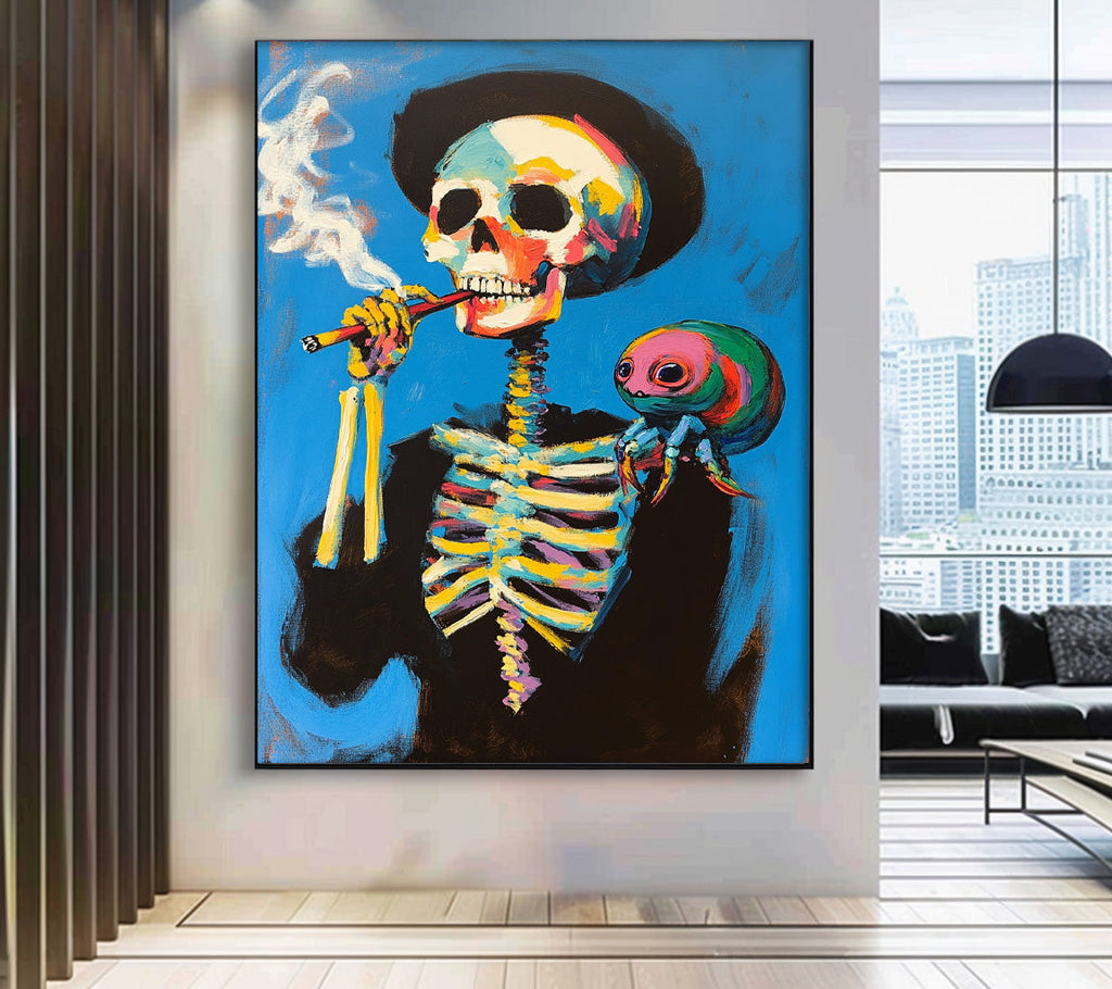 Surreal Pop Art Skeleton Painting Vibrant Wall Art