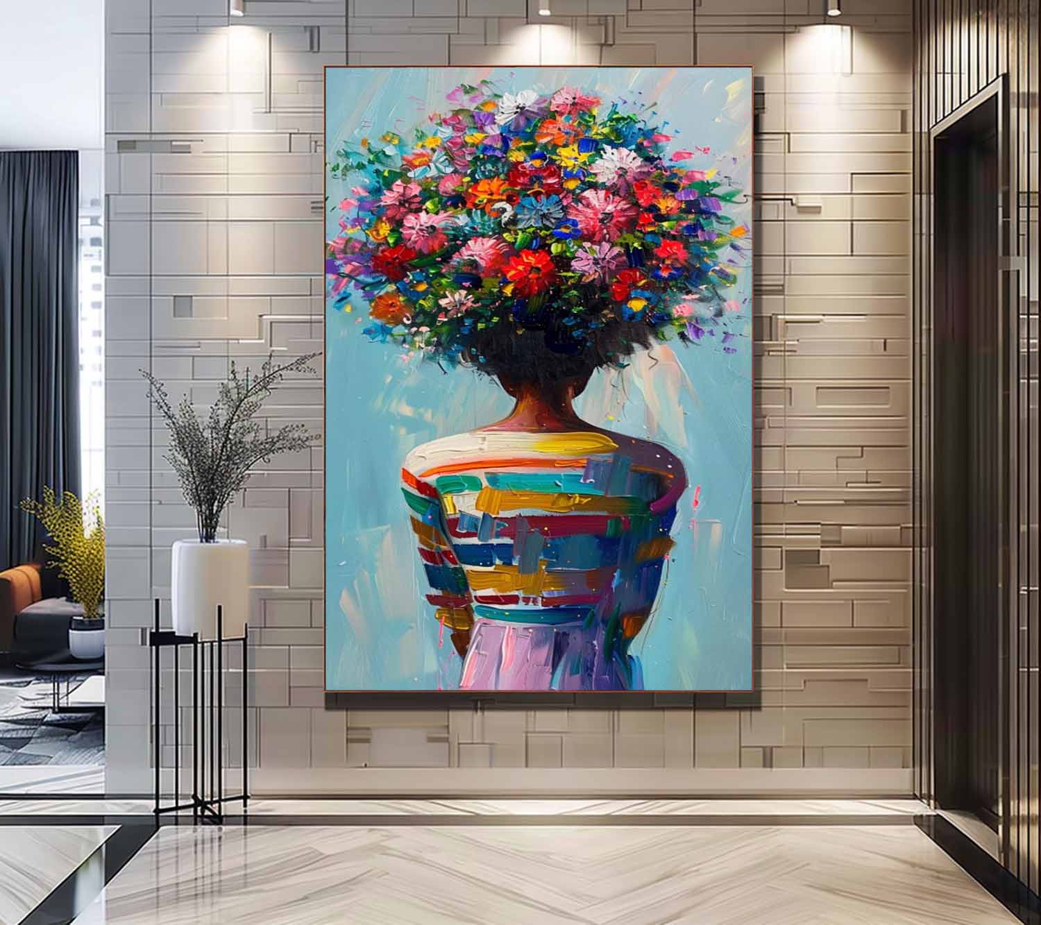 Vibrant Floral Head Woman Oil Painting Colorful