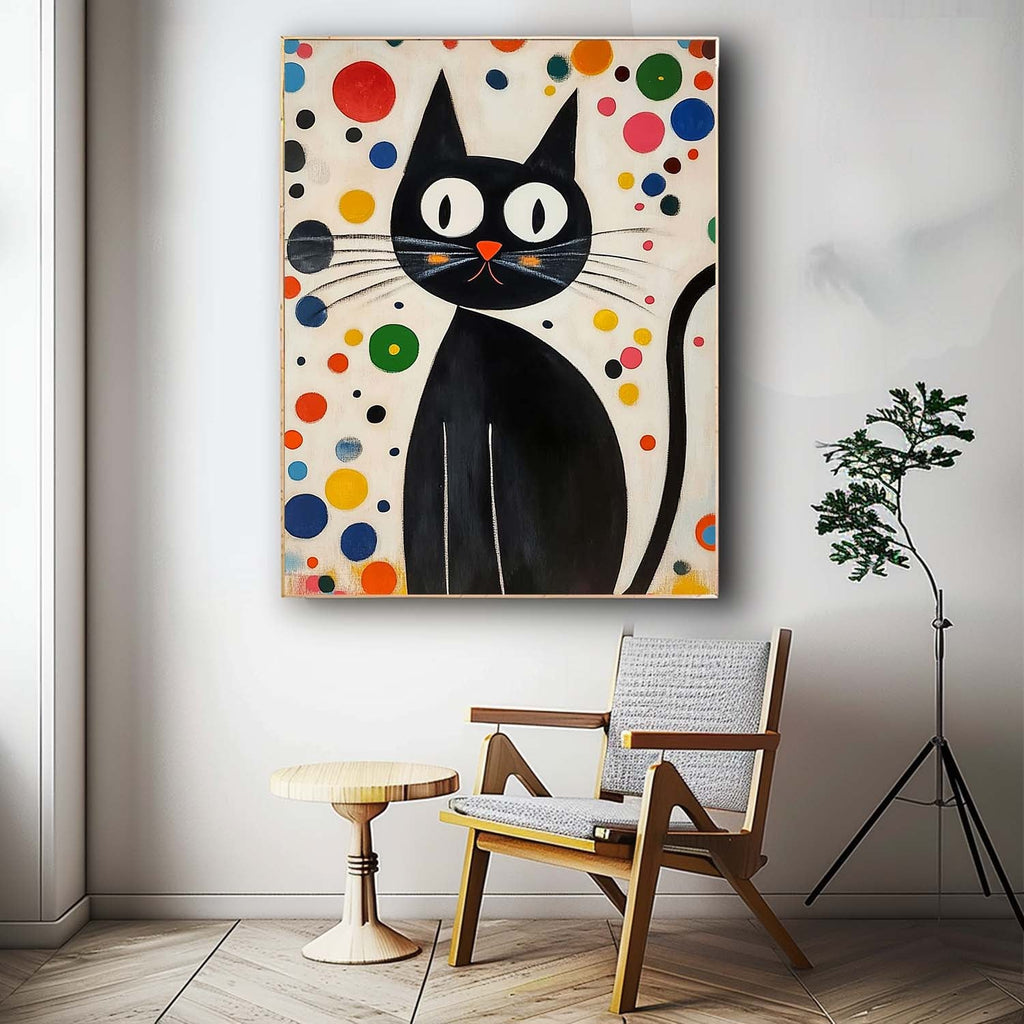 Mid-Century Modern Cat Painting Playful Polka Dot
