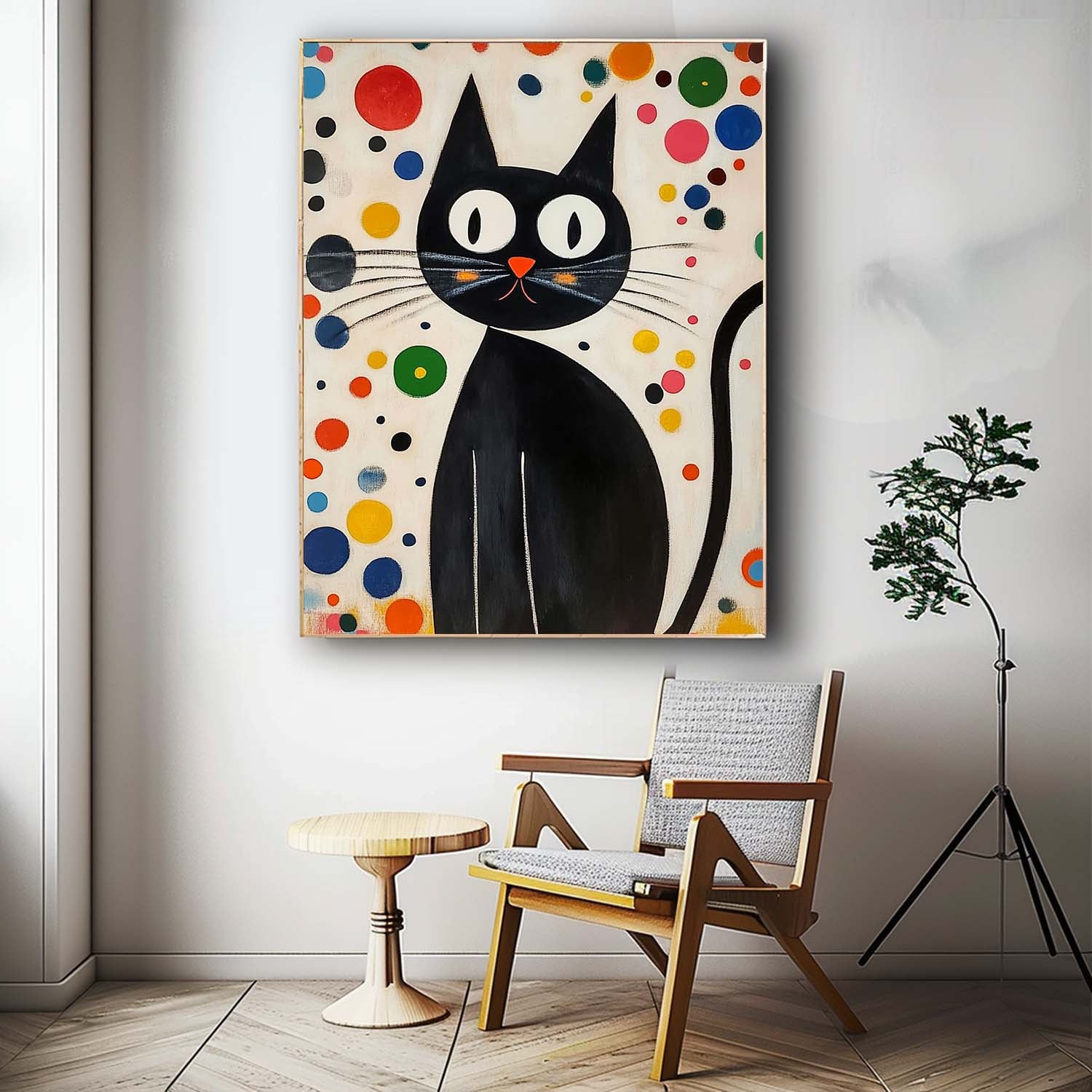 Mid-Century Modern Cat Painting Playful Polka Dot