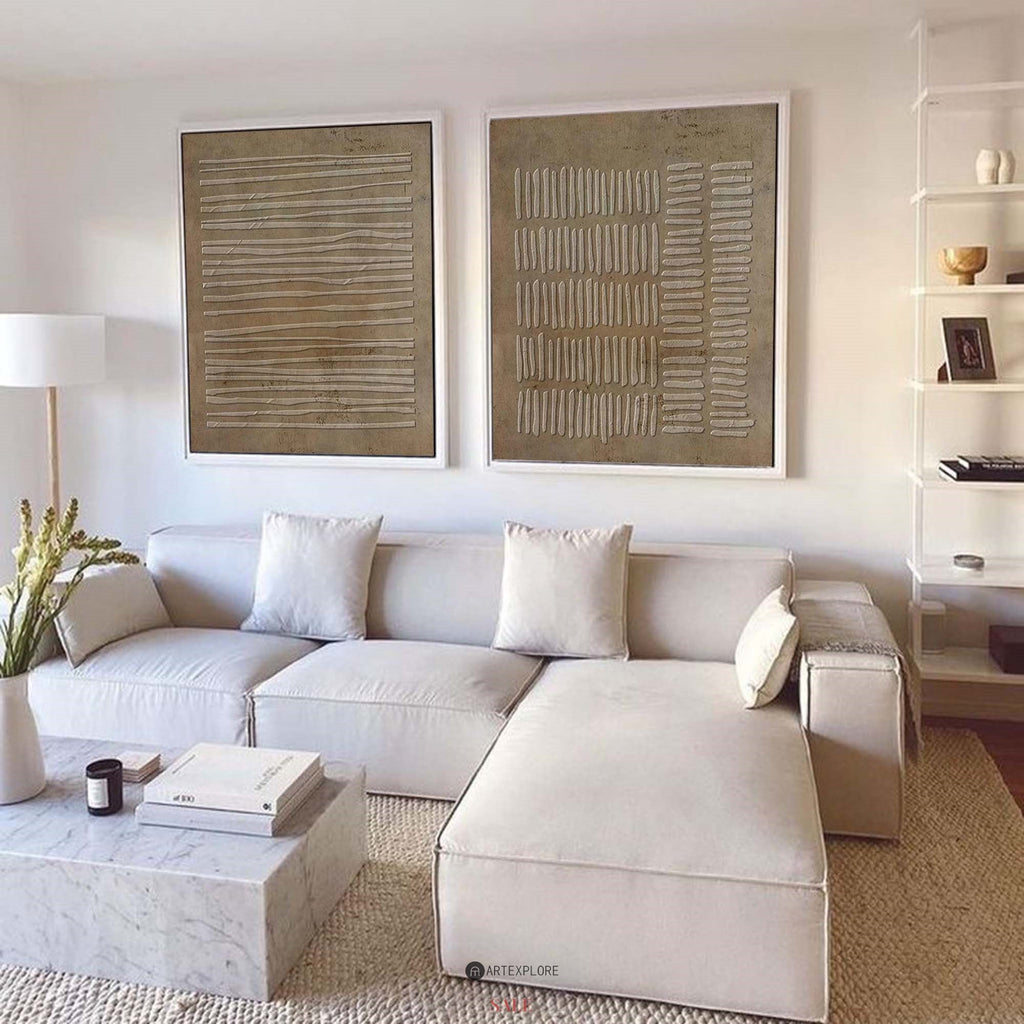 Earthy Linear Textured Relief Diptych Wall Art Set