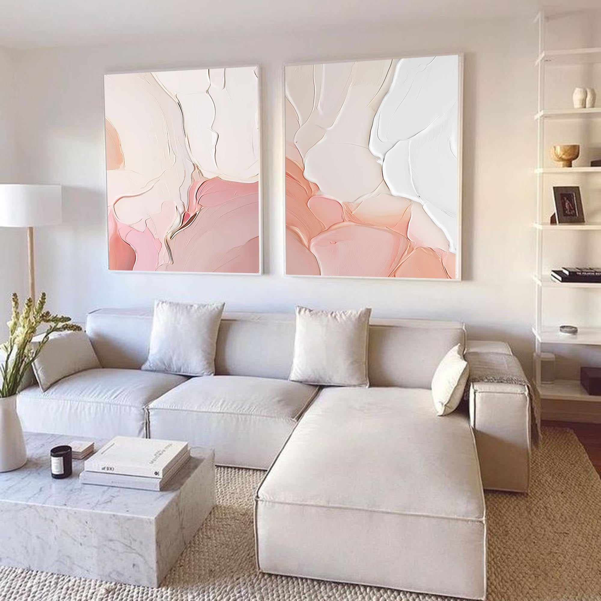 Textured 3D Diptych Wall Art Soft Pink White