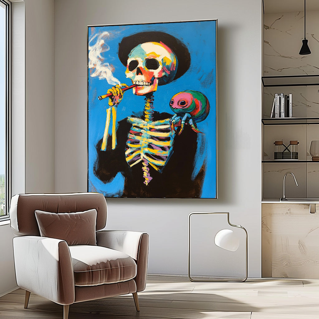 Surreal Pop Art Skeleton Painting Vibrant Wall Art