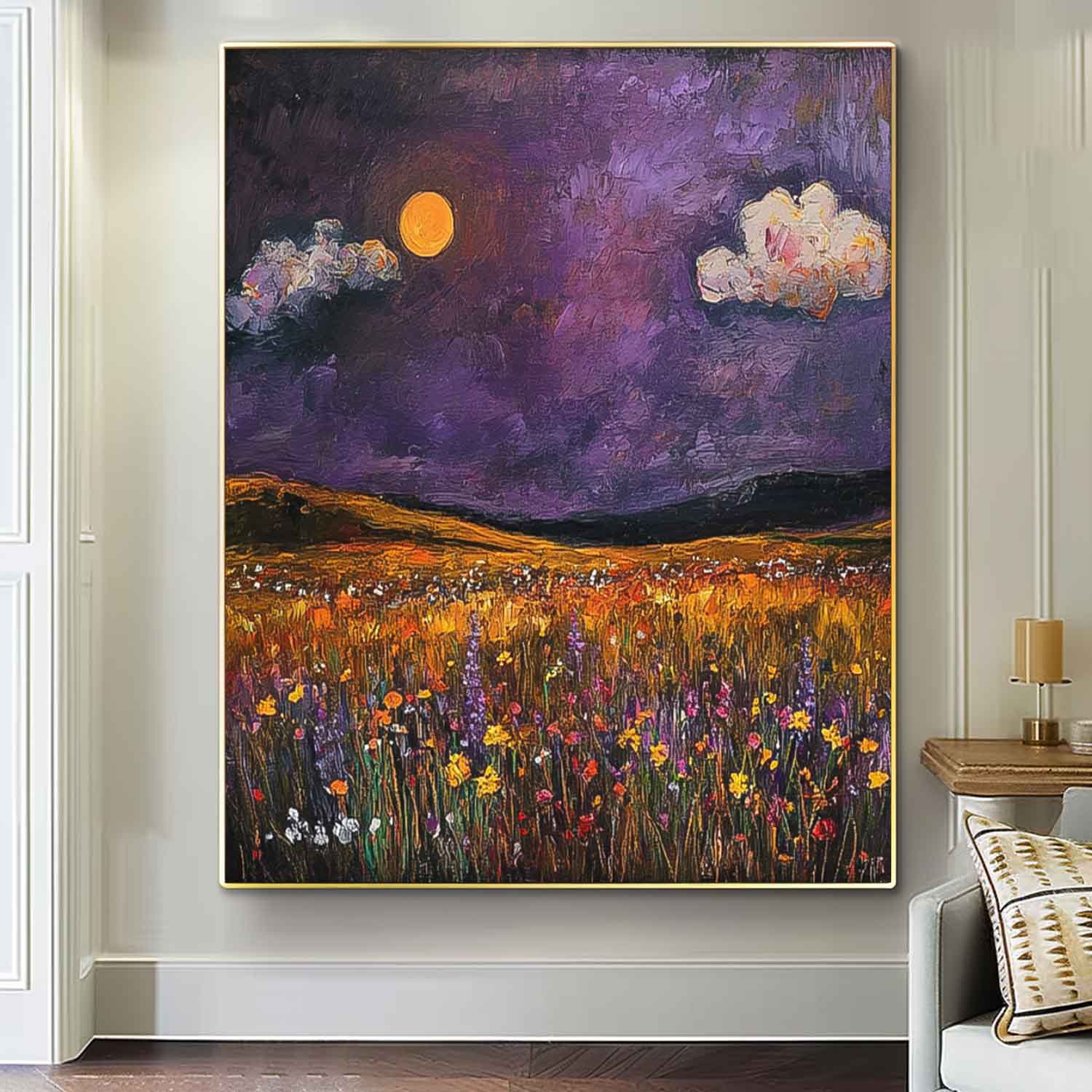 Moonlit Golden Meadow Impressionist Oil Painting