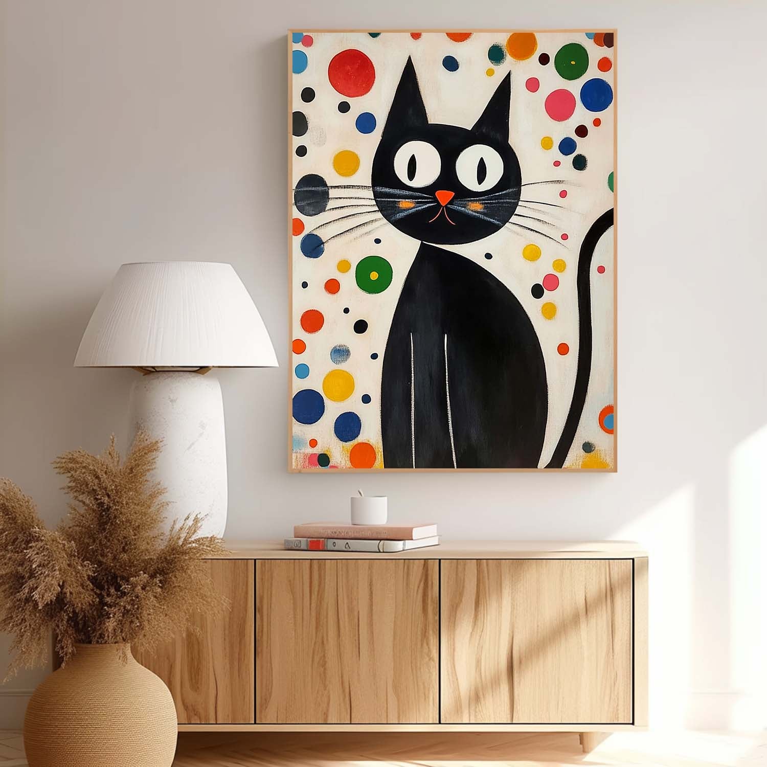 Mid-Century Modern Cat Painting Playful Polka Dot