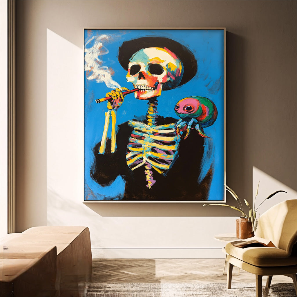 Surreal Pop Art Skeleton Painting Vibrant Wall Art