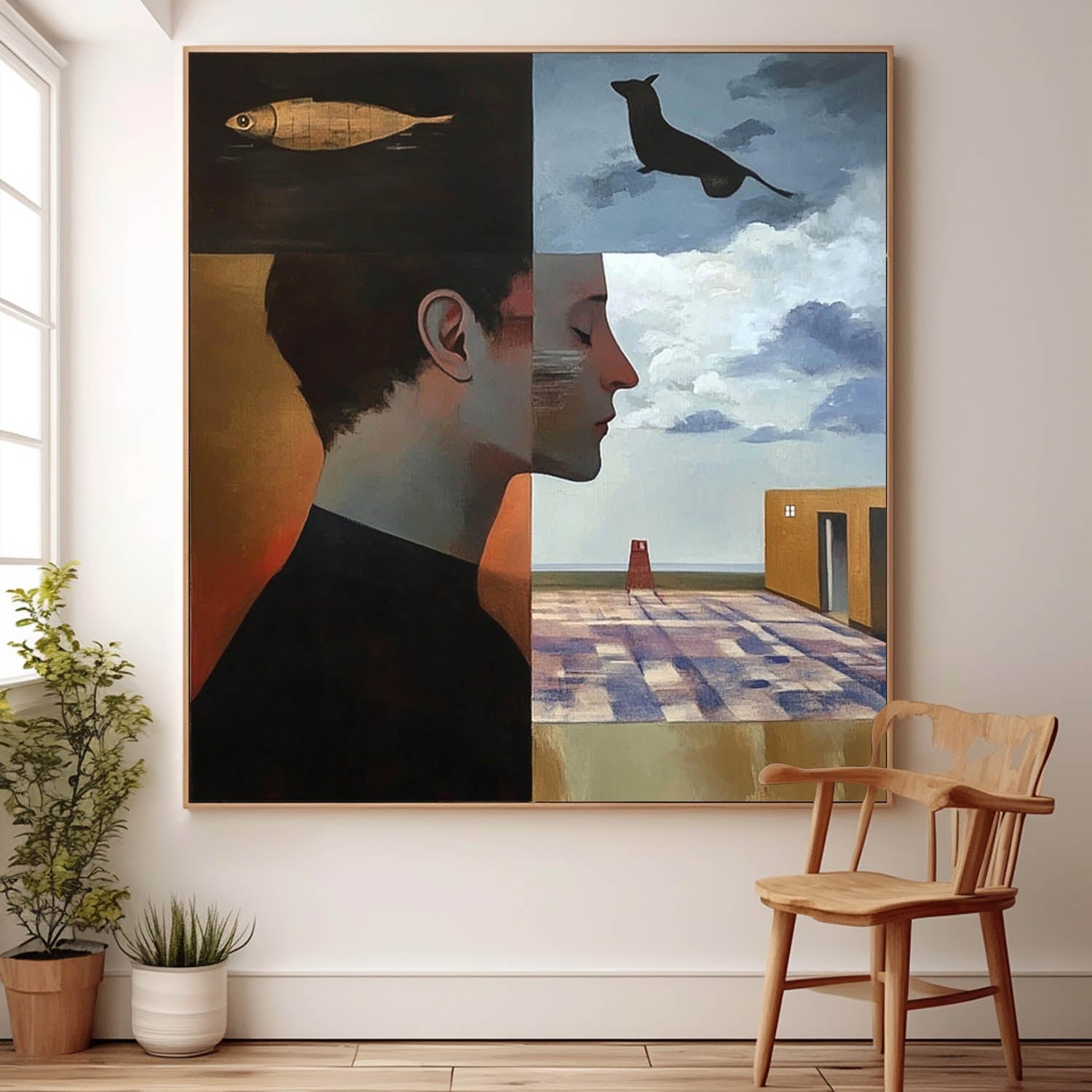 Surreal Split Portrait Oil Painting
