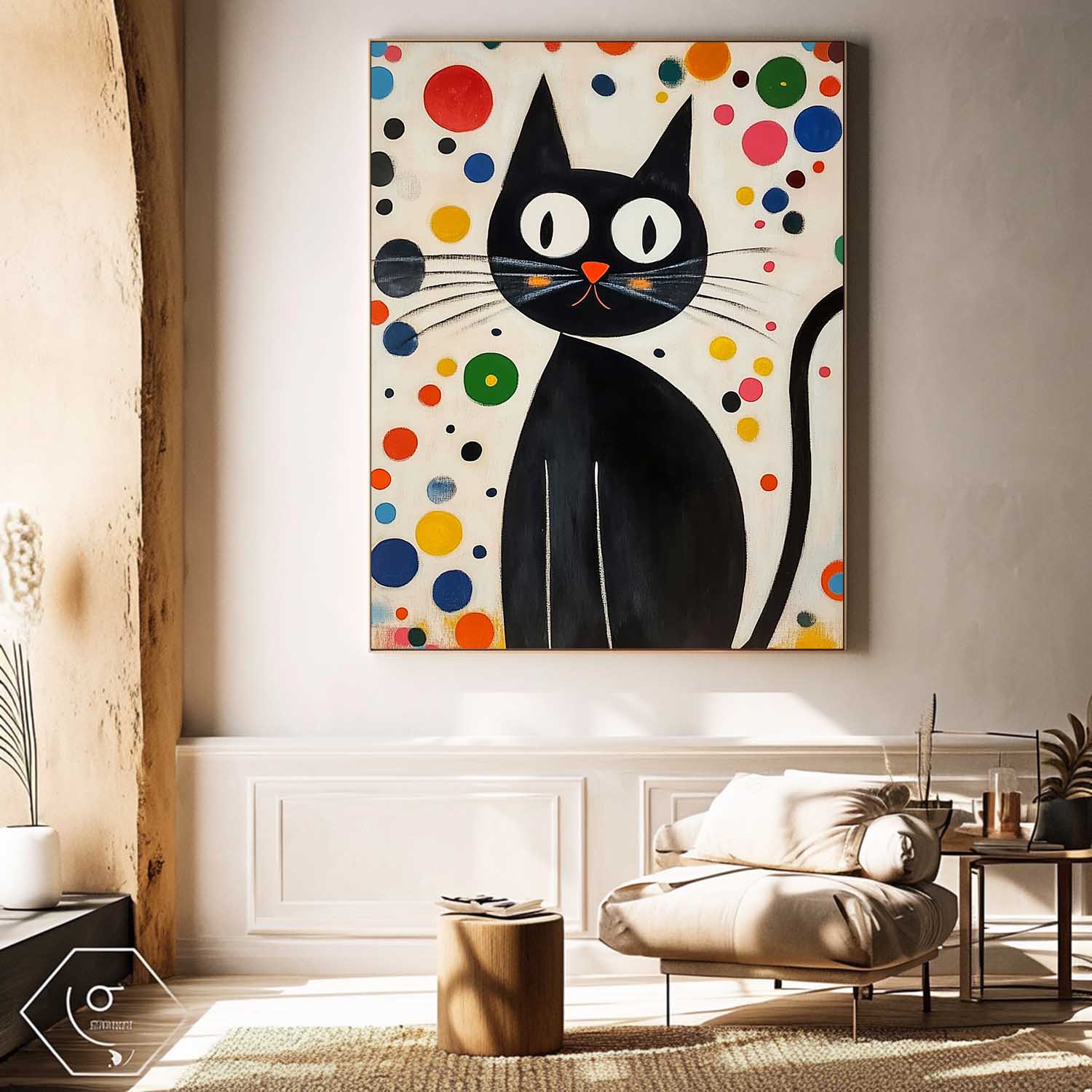 Mid-Century Modern Cat Painting Playful Polka Dot