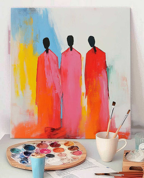 Abstract Three Figures In Pink And Orange Robes