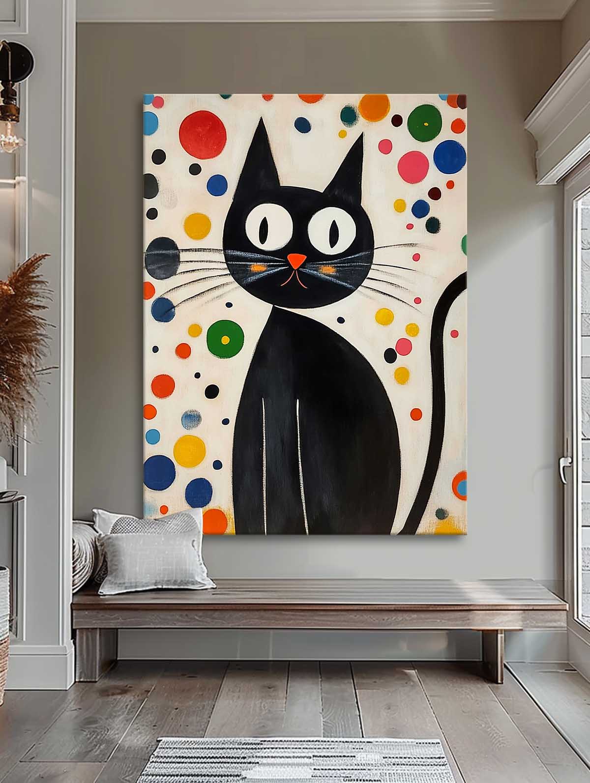 Mid-Century Modern Cat Painting Playful Polka Dot